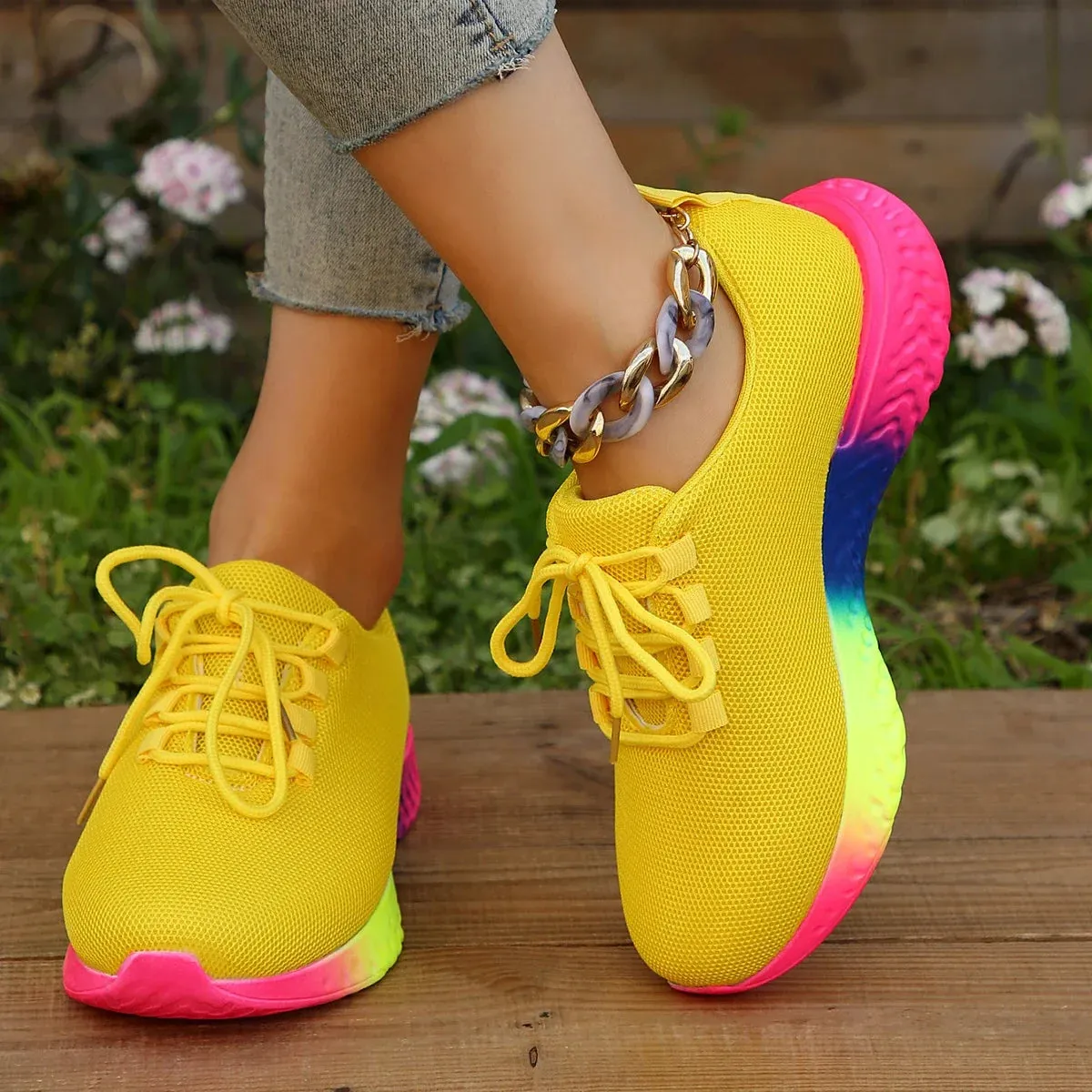 Hnzxzm Spring Women's Mesh Breathable Sneakers Woman Low Top Lace Up Round Toe Rainbow Sole Casual Shoes Female Sport Running Shoes