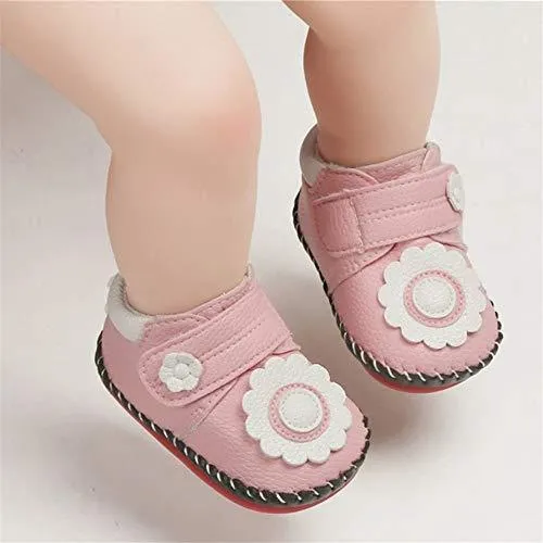 Infant Baby Girl's Handmade Soft PU Leather Non-Slip Princess Flats First Walkers, Sunflower
