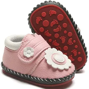 Infant Baby Girl's Handmade Soft PU Leather Non-Slip Princess Flats First Walkers, Sunflower