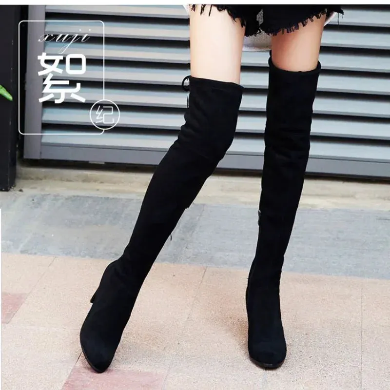 Joskaa New High Boots Over The Knee Boots Abrasive Leather Thick Heels High Boots Large Size High Boots Women's Shoes