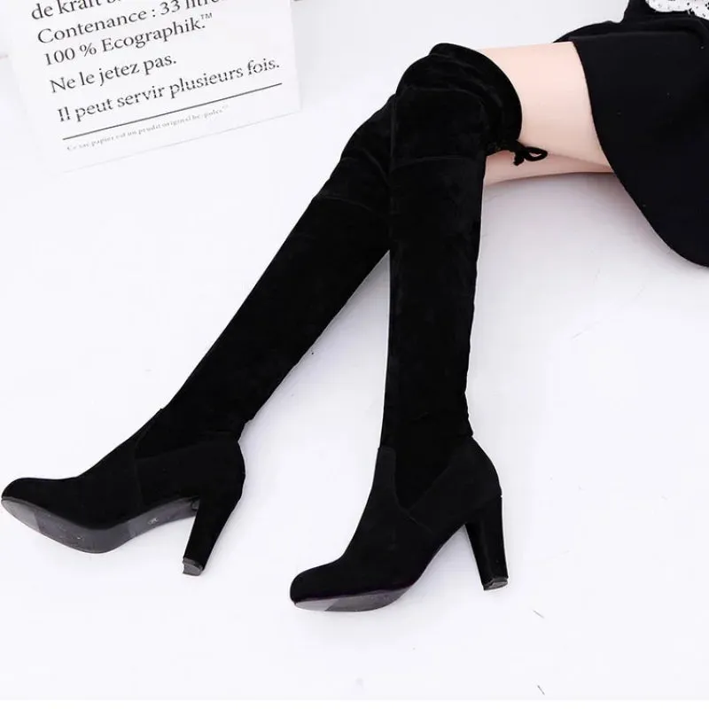 Joskaa New High Boots Over The Knee Boots Abrasive Leather Thick Heels High Boots Large Size High Boots Women's Shoes