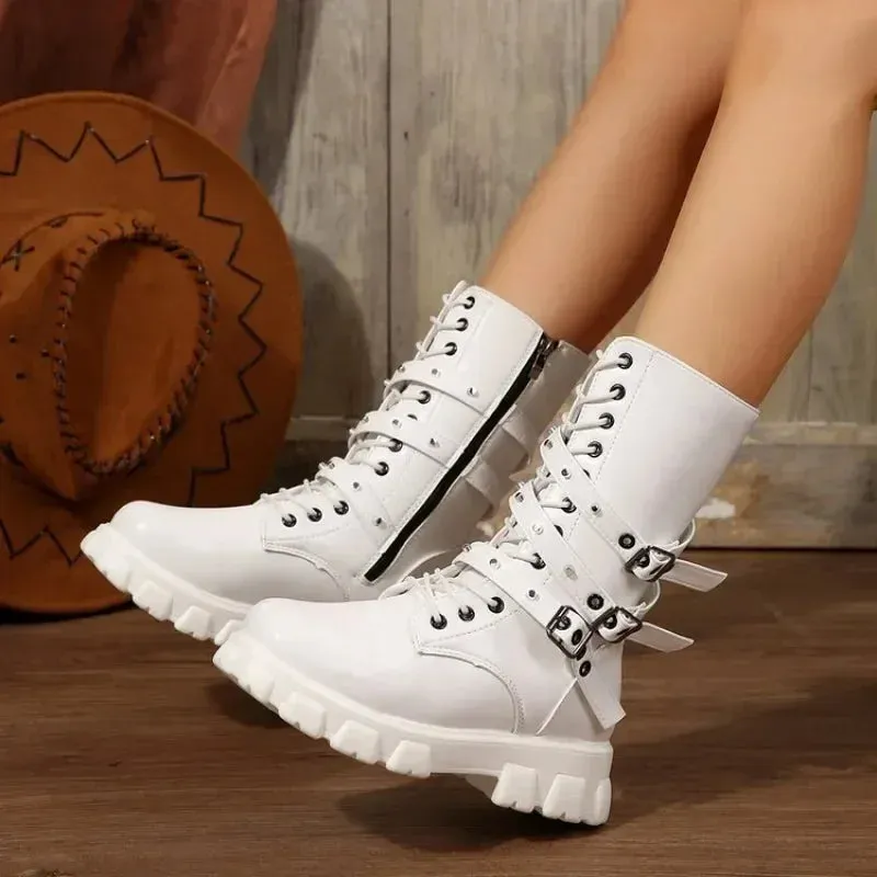 Joskaa New Mid Calf Women Autumn Winter Fashion Lace-up Zipper Botas Mujer Boots Sports Platform Heel Ladies Shoes Knee High Boots