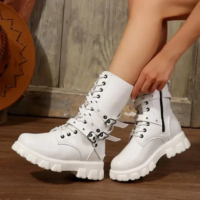 Joskaa New Mid Calf Women Autumn Winter Fashion Lace-up Zipper Botas Mujer Boots Sports Platform Heel Ladies Shoes Knee High Boots