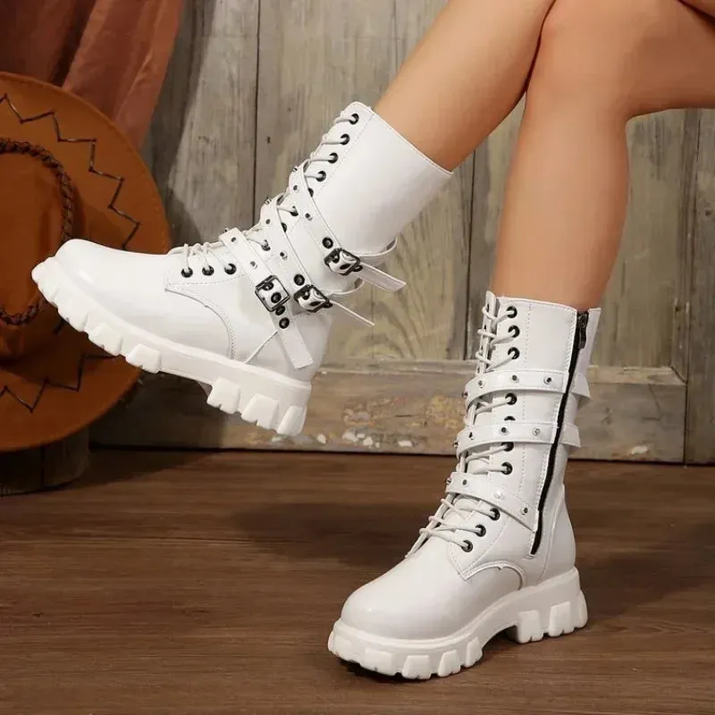 Joskaa New Mid Calf Women Autumn Winter Fashion Lace-up Zipper Botas Mujer Boots Sports Platform Heel Ladies Shoes Knee High Boots