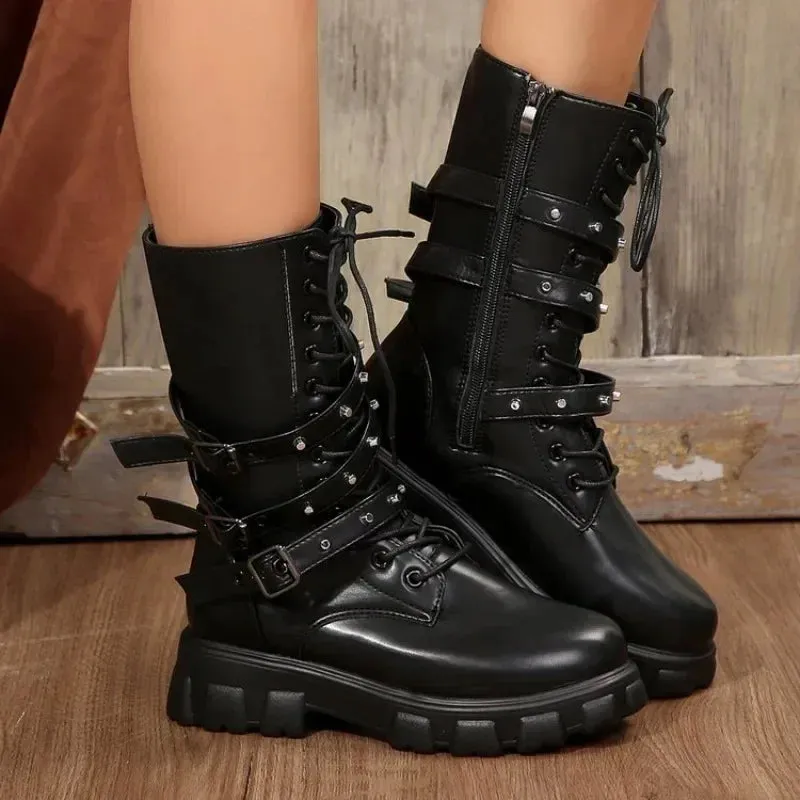 Joskaa New Mid Calf Women Autumn Winter Fashion Lace-up Zipper Botas Mujer Boots Sports Platform Heel Ladies Shoes Knee High Boots