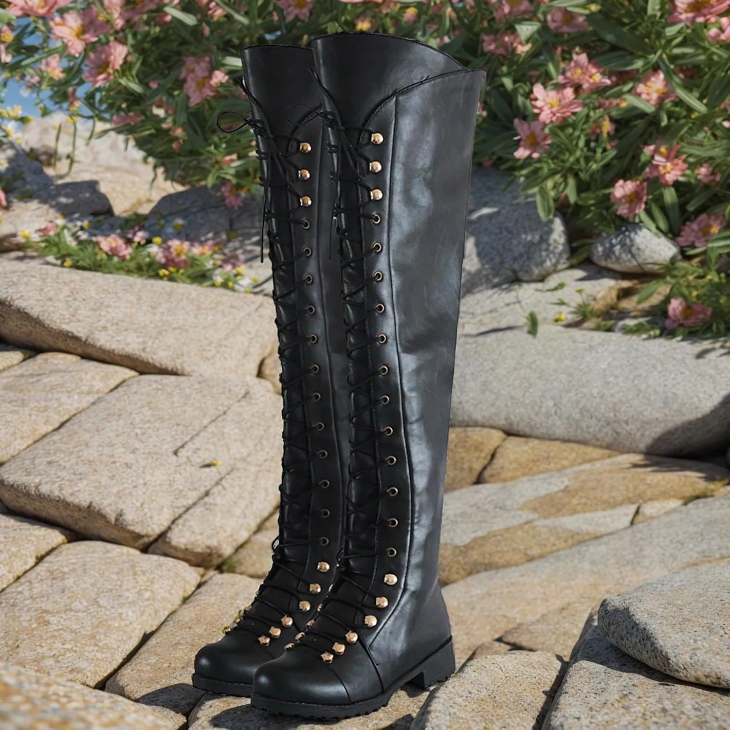 Knee High Boots Women Wide Calf Winter Boots for Women Fashion Retro Women's Low Heel Lace Up Thigh High Knight Boots
