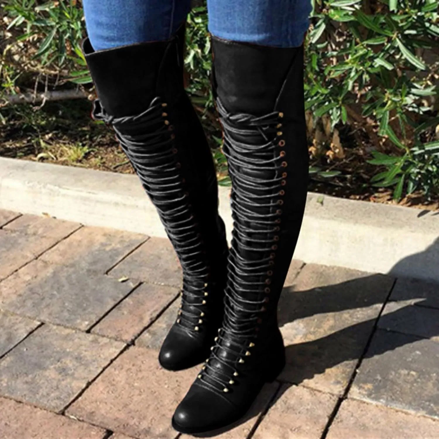 Knee High Boots Women Wide Calf Winter Boots for Women Fashion Retro Women's Low Heel Lace Up Thigh High Knight Boots