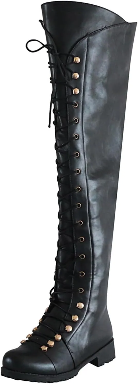 Knee High Boots Women Wide Calf Winter Boots for Women Fashion Retro Women's Low Heel Lace Up Thigh High Knight Boots