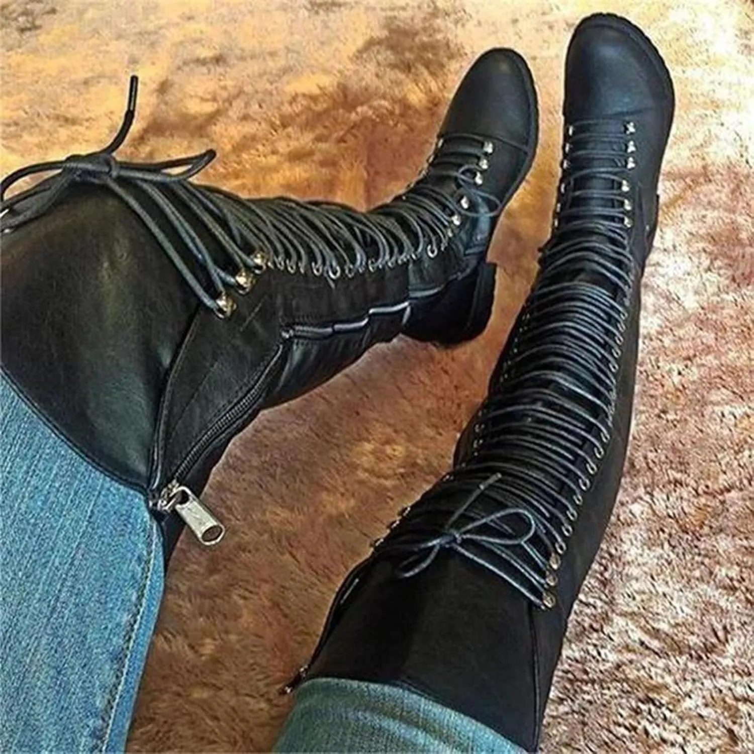 Knee High Boots Women Wide Calf Winter Boots for Women Fashion Retro Women's Low Heel Lace Up Thigh High Knight Boots