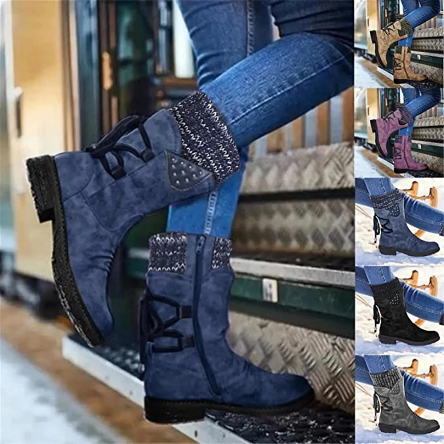 Ladmiple Cowboy Boots For Women Wide Calf Knee High Fashion Western Pointed Toe Chunky Heel Side Zipper Cowgirl Boots