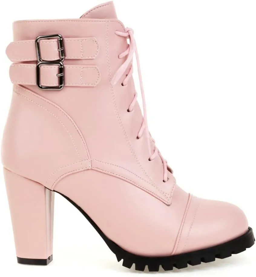 Meefit Women Block Heel Lace Up Ankle Boots Chunky High Heeled Winter Booties