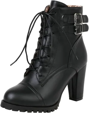 Meefit Women Block Heel Lace Up Ankle Boots Chunky High Heeled Winter Booties