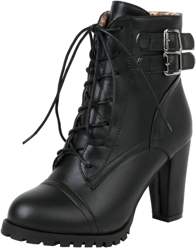 Meefit Women Block Heel Lace Up Ankle Boots Chunky High Heeled Winter Booties