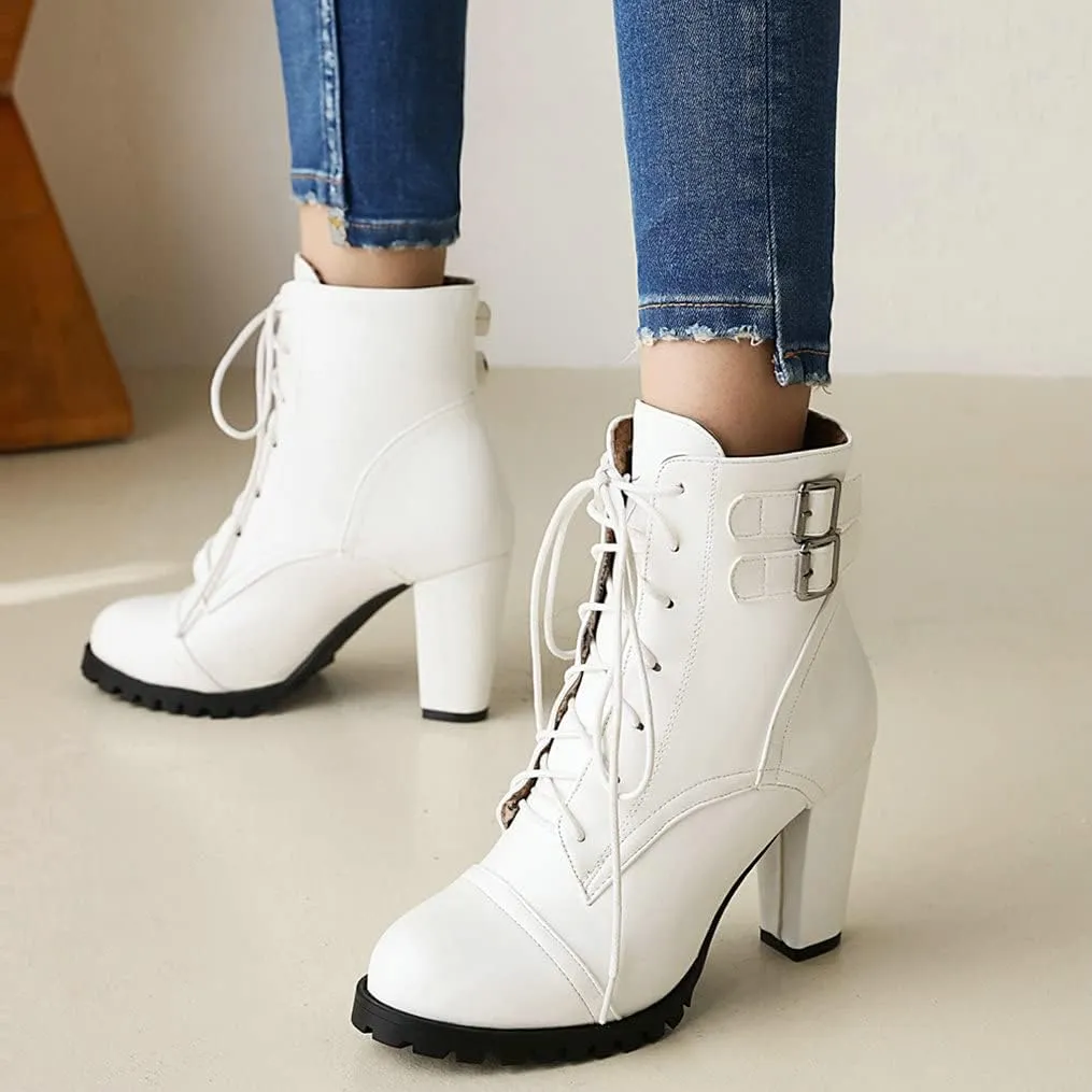 Meefit Women Block Heel Lace Up Ankle Boots Chunky High Heeled Winter Booties