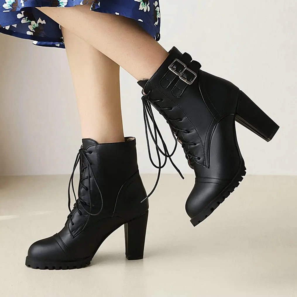 Meefit Women Block Heel Lace Up Ankle Boots Chunky High Heeled Winter Booties