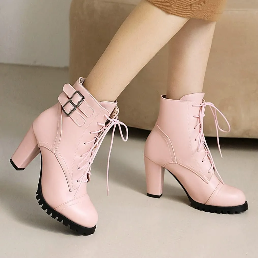 Meefit Women Block Heel Lace Up Ankle Boots Chunky High Heeled Winter Booties