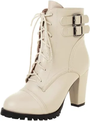 Meefit Women Block Heel Lace Up Ankle Boots Chunky High Heeled Winter Booties