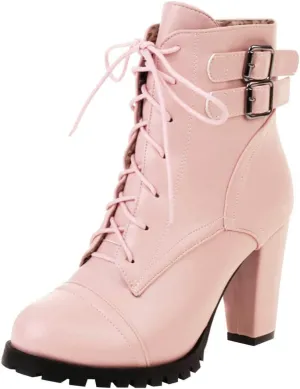 Meefit Women Block Heel Lace Up Ankle Boots Chunky High Heeled Winter Booties