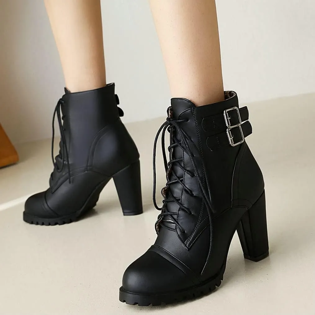 Meefit Women Block Heel Lace Up Ankle Boots Chunky High Heeled Winter Booties