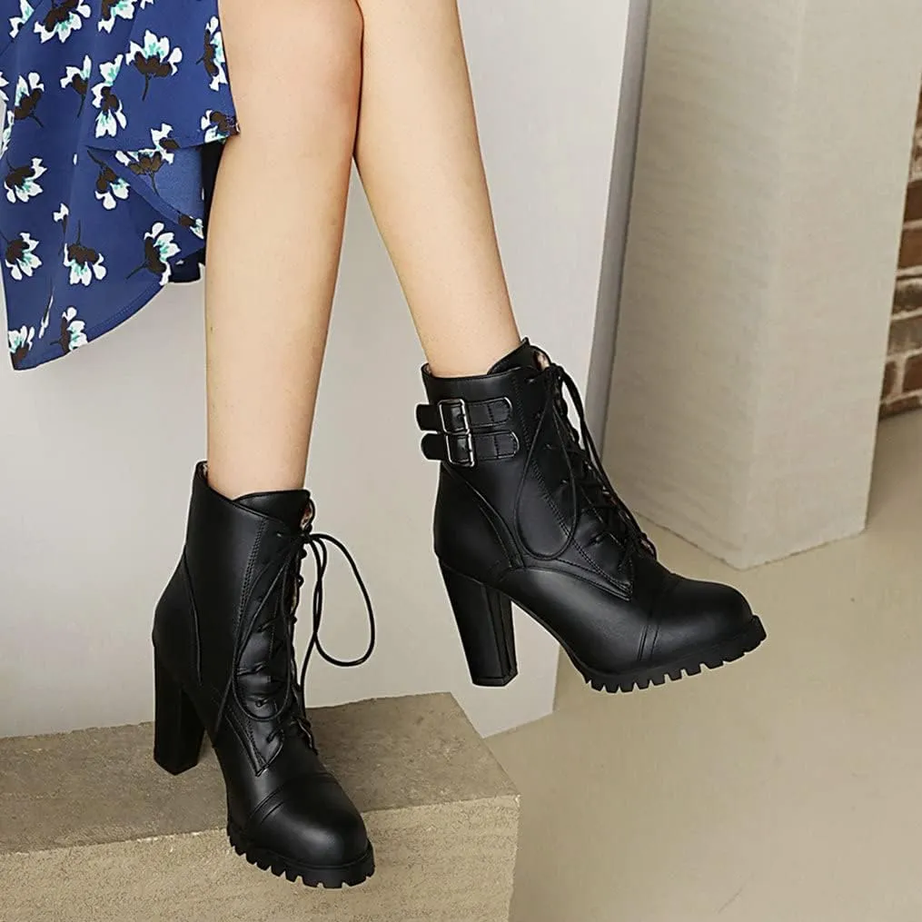 Meefit Women Block Heel Lace Up Ankle Boots Chunky High Heeled Winter Booties