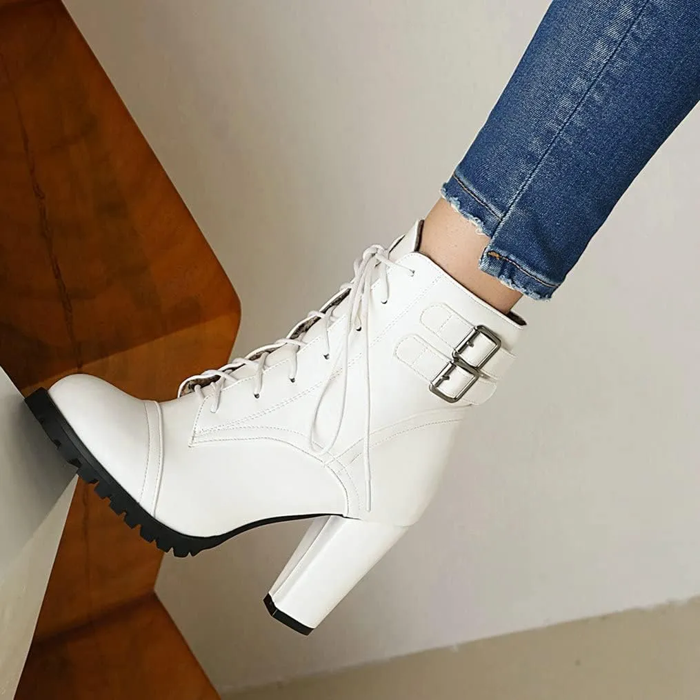 Meefit Women Block Heel Lace Up Ankle Boots Chunky High Heeled Winter Booties