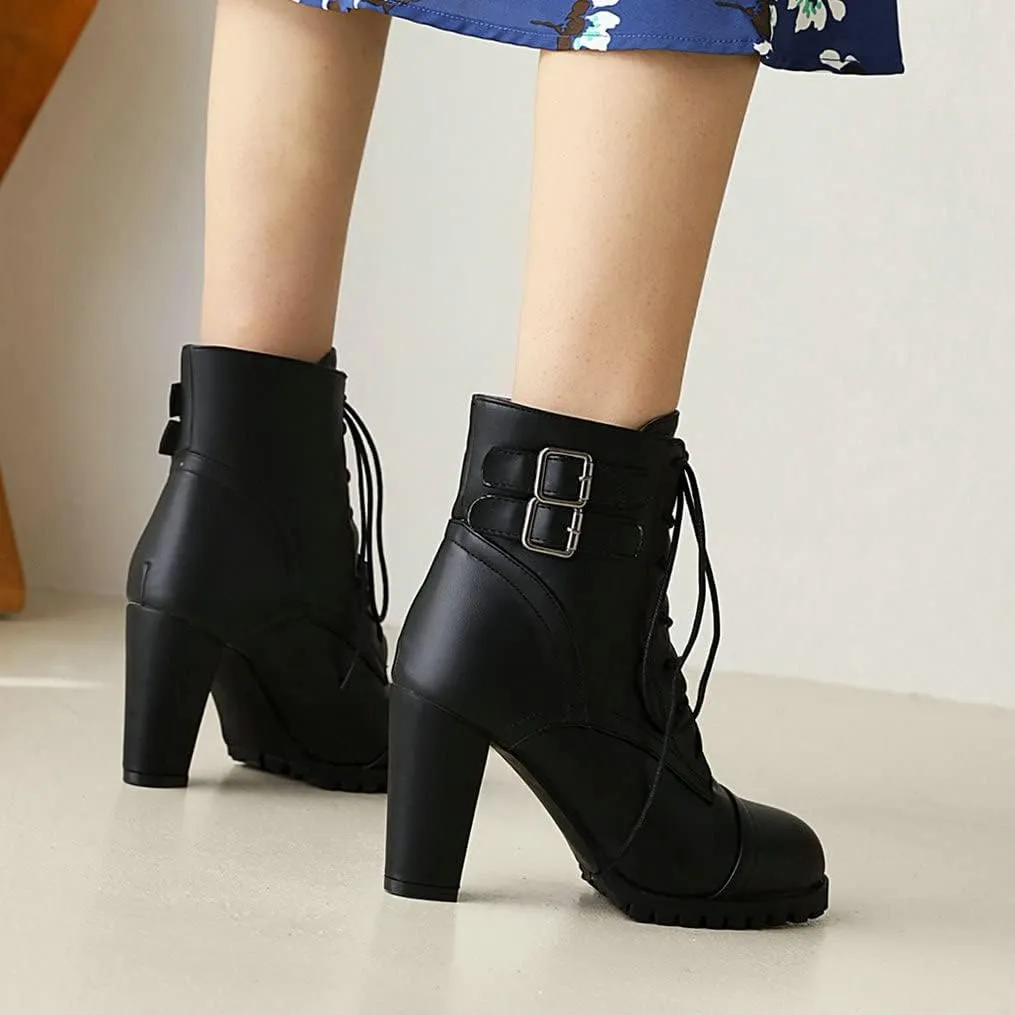 Meefit Women Block Heel Lace Up Ankle Boots Chunky High Heeled Winter Booties
