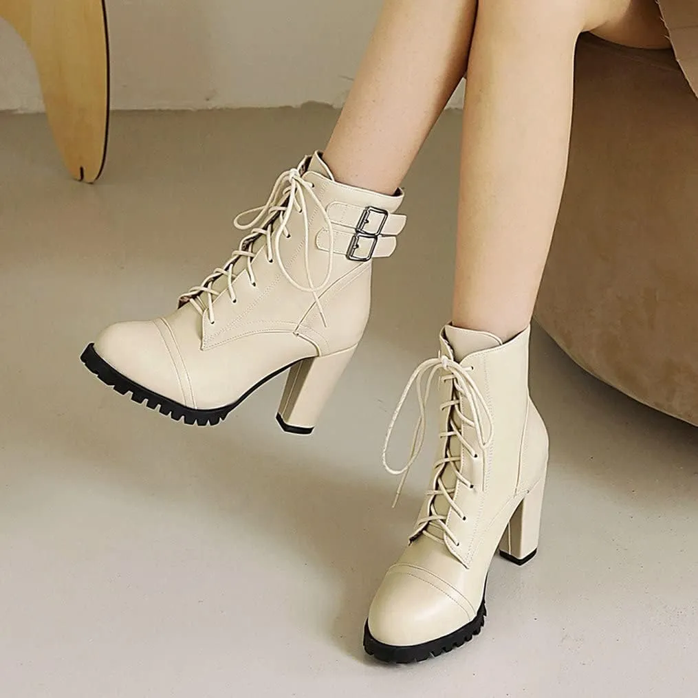 Meefit Women Block Heel Lace Up Ankle Boots Chunky High Heeled Winter Booties