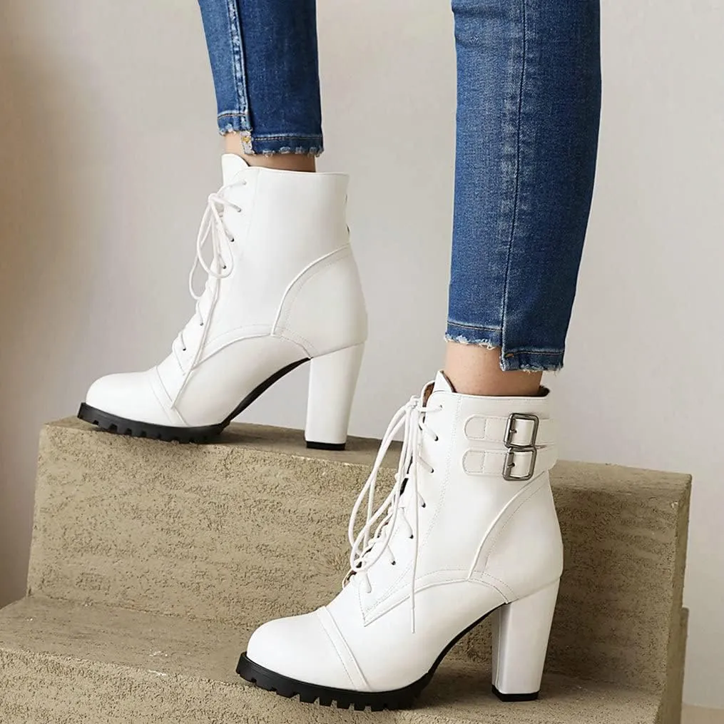 Meefit Women Block Heel Lace Up Ankle Boots Chunky High Heeled Winter Booties