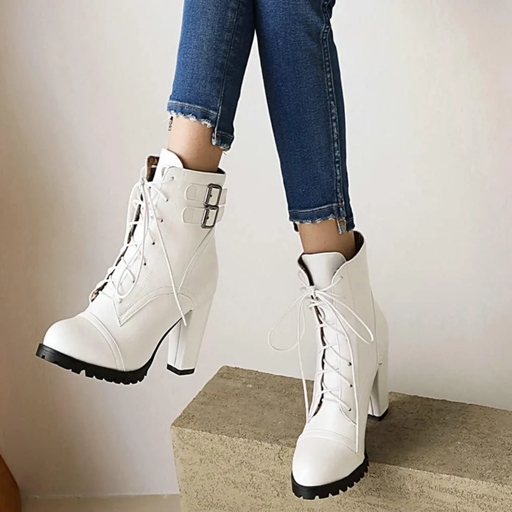 Meefit Women Block Heel Lace Up Ankle Boots Chunky High Heeled Winter Booties