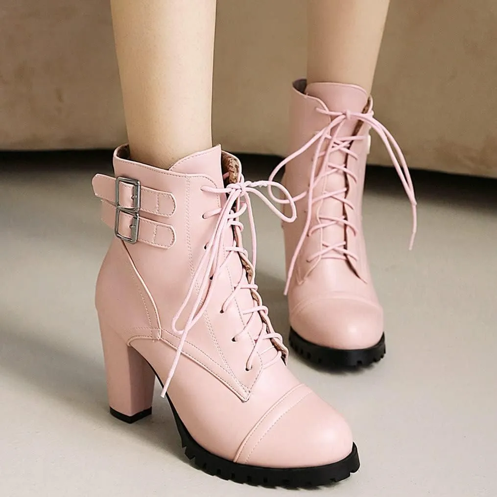 Meefit Women Block Heel Lace Up Ankle Boots Chunky High Heeled Winter Booties