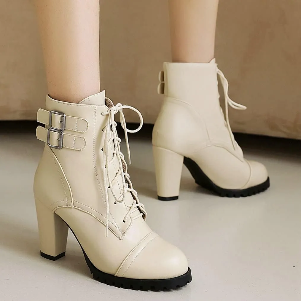 Meefit Women Block Heel Lace Up Ankle Boots Chunky High Heeled Winter Booties