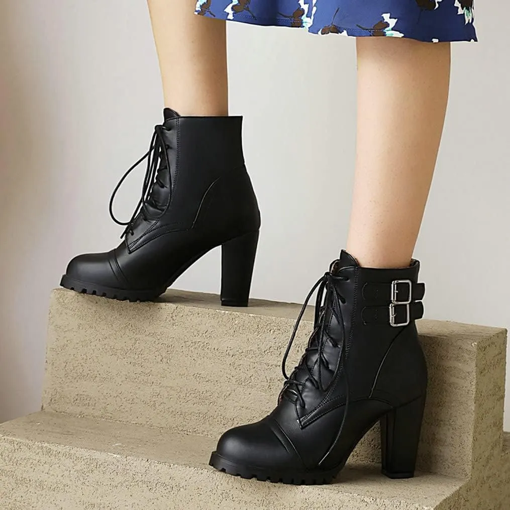 Meefit Women Block Heel Lace Up Ankle Boots Chunky High Heeled Winter Booties
