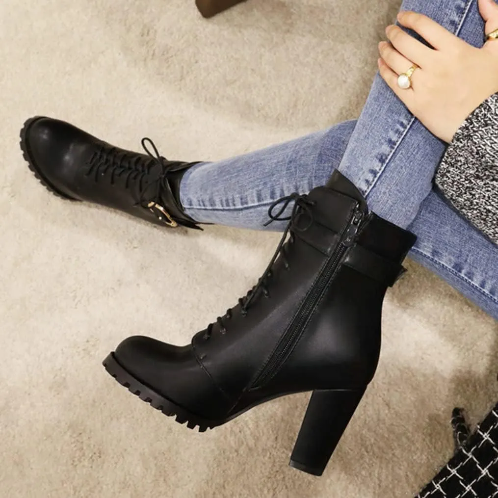 Meefit Women Chunky Heeled Lace Up Ankle Boots Closed Toe Winter Booties with Zipper