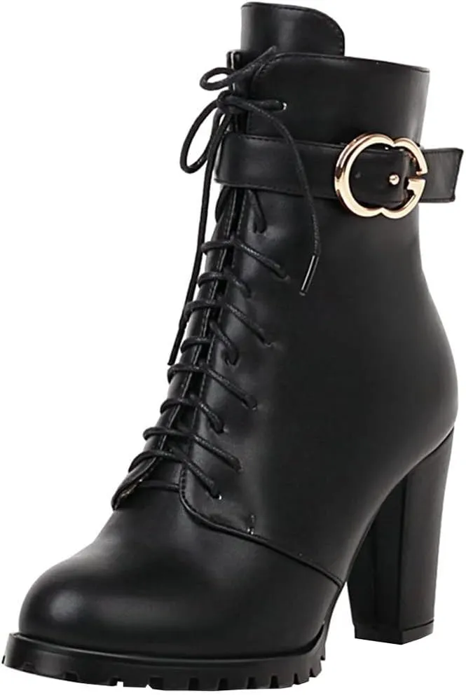 Meefit Women Chunky Heeled Lace Up Ankle Boots Closed Toe Winter Booties with Zipper
