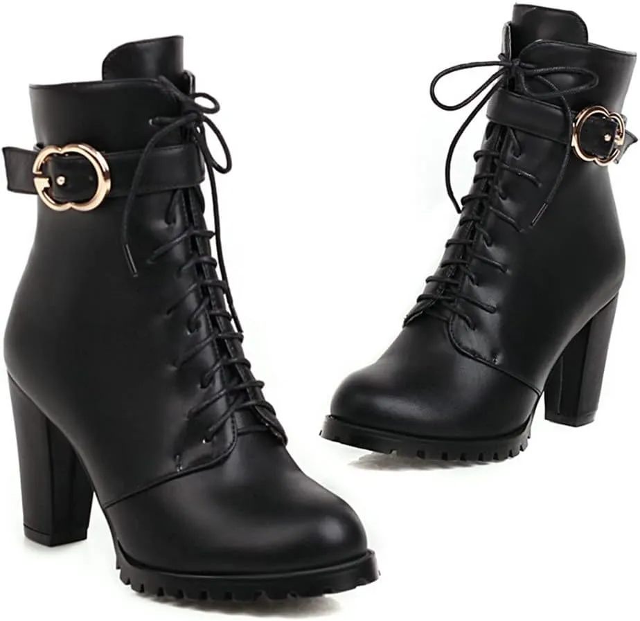 Meefit Women Chunky Heeled Lace Up Ankle Boots Closed Toe Winter Booties with Zipper