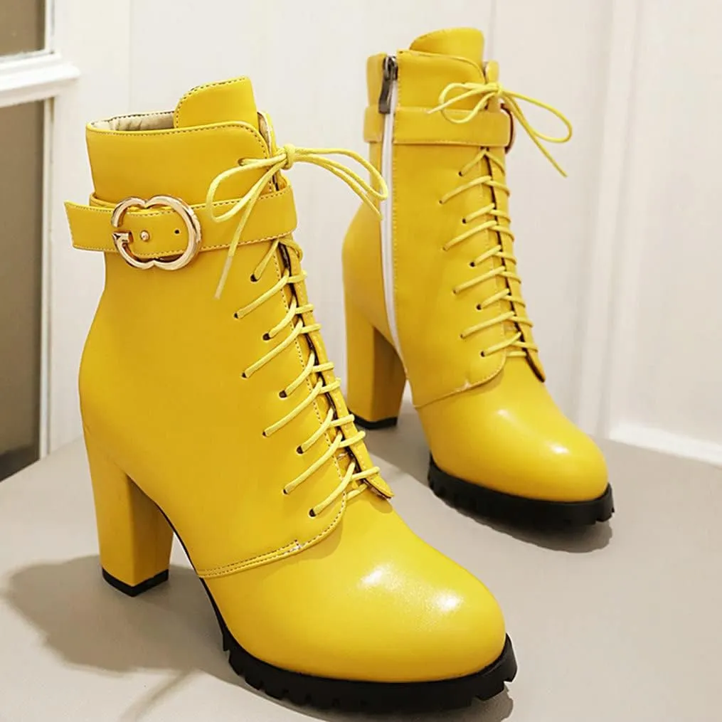 Meefit Women Chunky Heeled Lace Up Ankle Boots Closed Toe Winter Booties with Zipper
