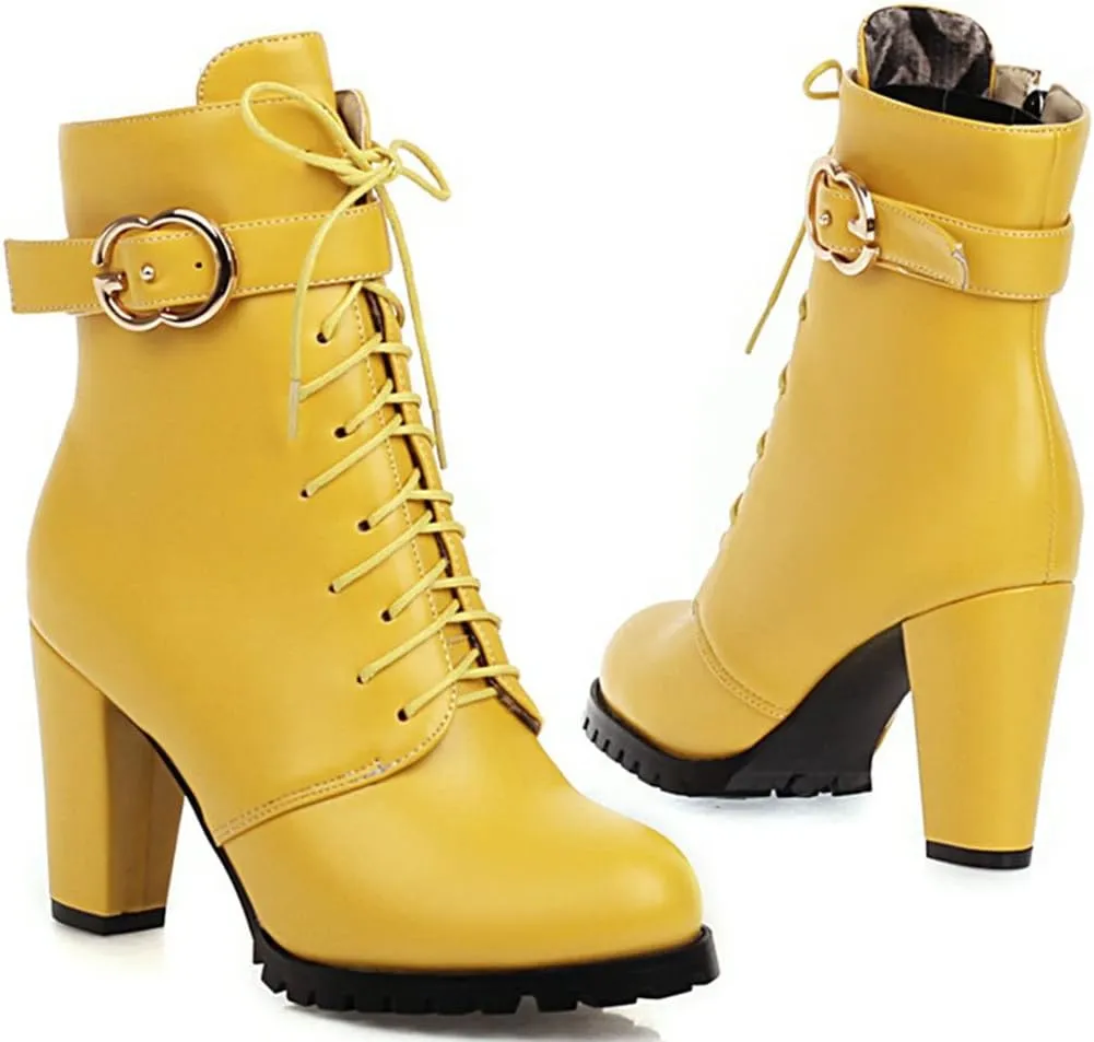 Meefit Women Chunky Heeled Lace Up Ankle Boots Closed Toe Winter Booties with Zipper