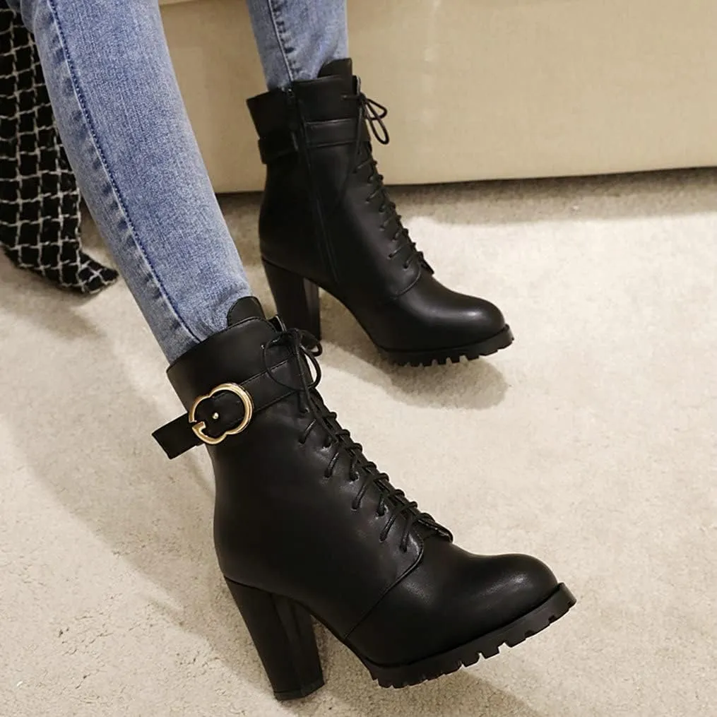 Meefit Women Chunky Heeled Lace Up Ankle Boots Closed Toe Winter Booties with Zipper