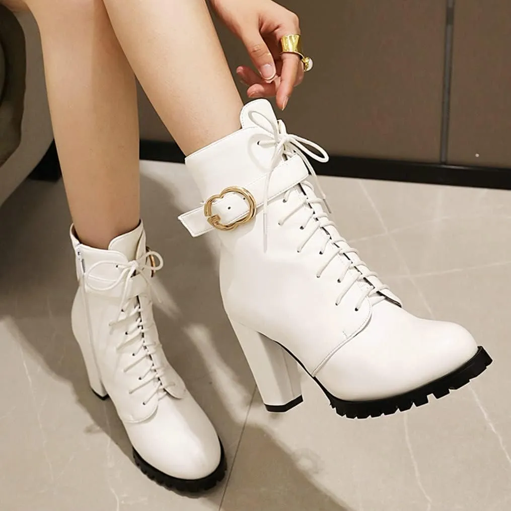 Meefit Women Chunky Heeled Lace Up Ankle Boots Closed Toe Winter Booties with Zipper