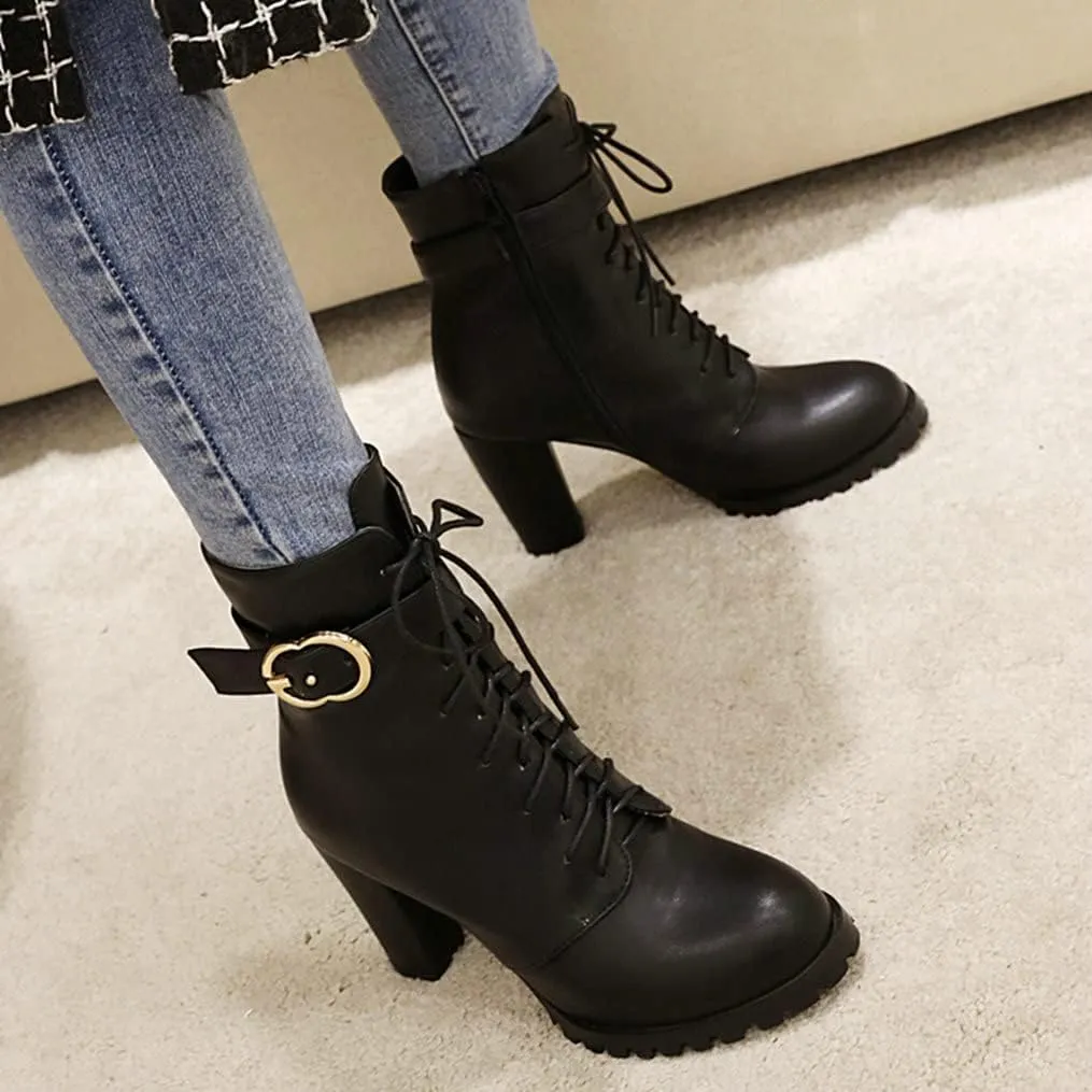 Meefit Women Chunky Heeled Lace Up Ankle Boots Closed Toe Winter Booties with Zipper