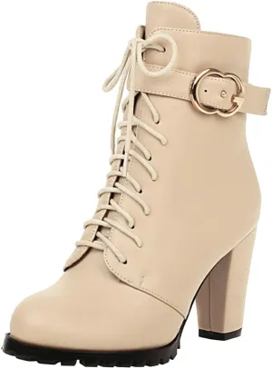 Meefit Women Chunky Heeled Lace Up Ankle Boots Closed Toe Winter Booties with Zipper