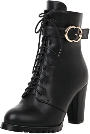 Meefit Women Chunky Heeled Lace Up Ankle Boots Closed Toe Winter Booties with Zipper