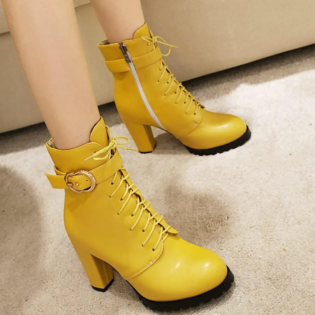 Meefit Women Chunky Heeled Lace Up Ankle Boots Closed Toe Winter Booties with Zipper