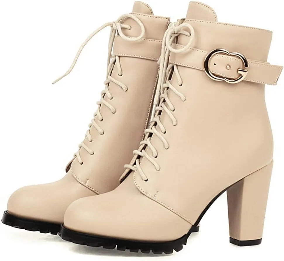 Meefit Women Chunky Heeled Lace Up Ankle Boots Closed Toe Winter Booties with Zipper
