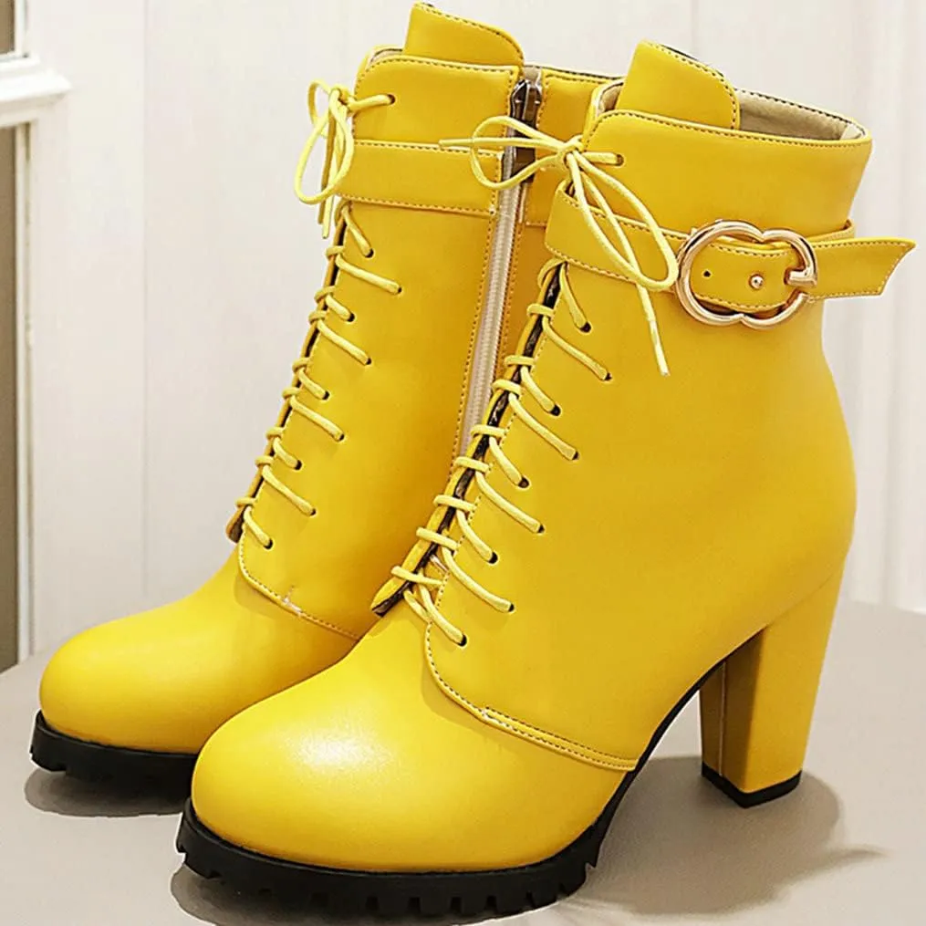 Meefit Women Chunky Heeled Lace Up Ankle Boots Closed Toe Winter Booties with Zipper