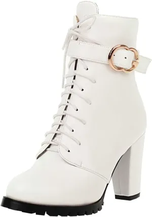 Meefit Women Chunky Heeled Lace Up Ankle Boots Closed Toe Winter Booties with Zipper