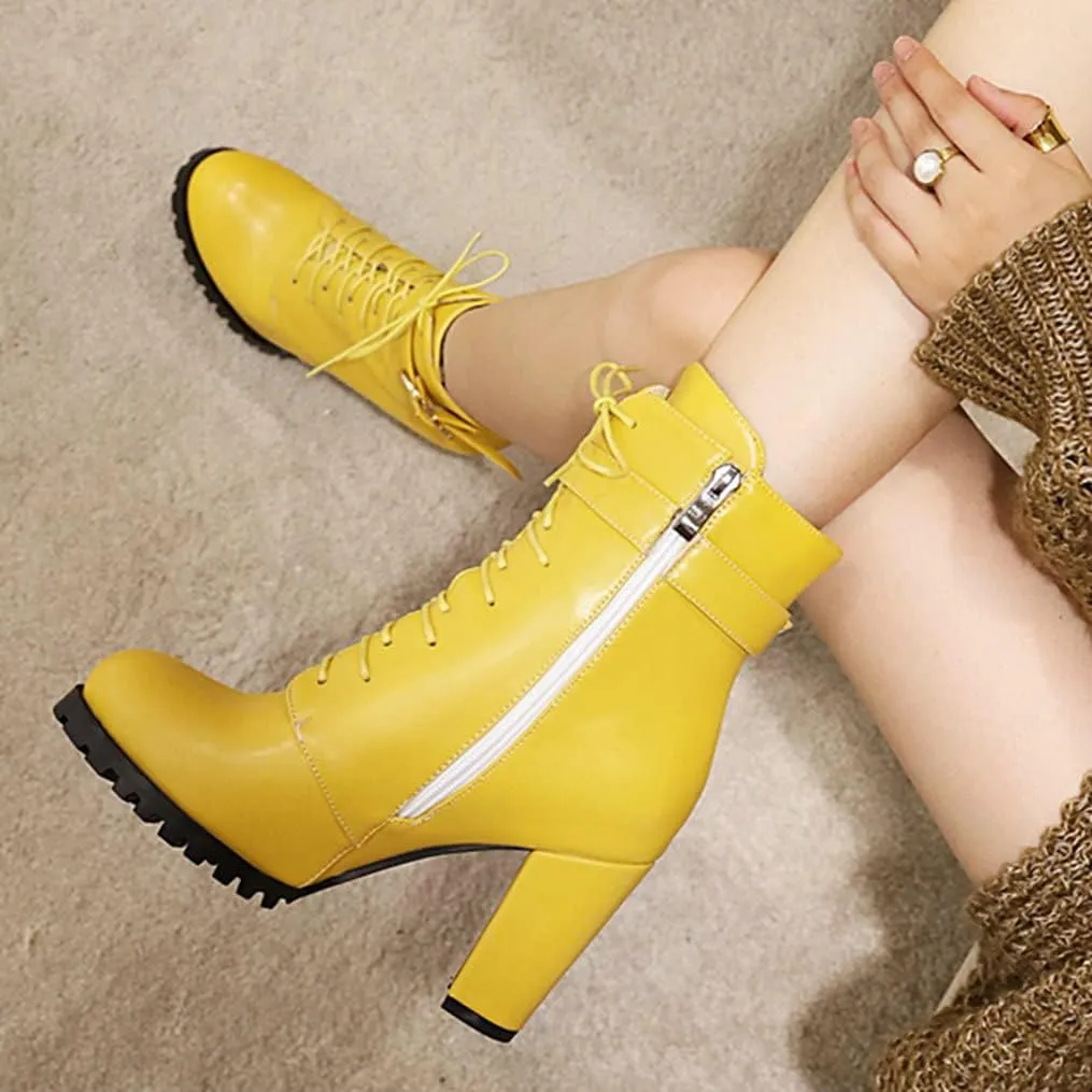 Meefit Women Chunky Heeled Lace Up Ankle Boots Closed Toe Winter Booties with Zipper