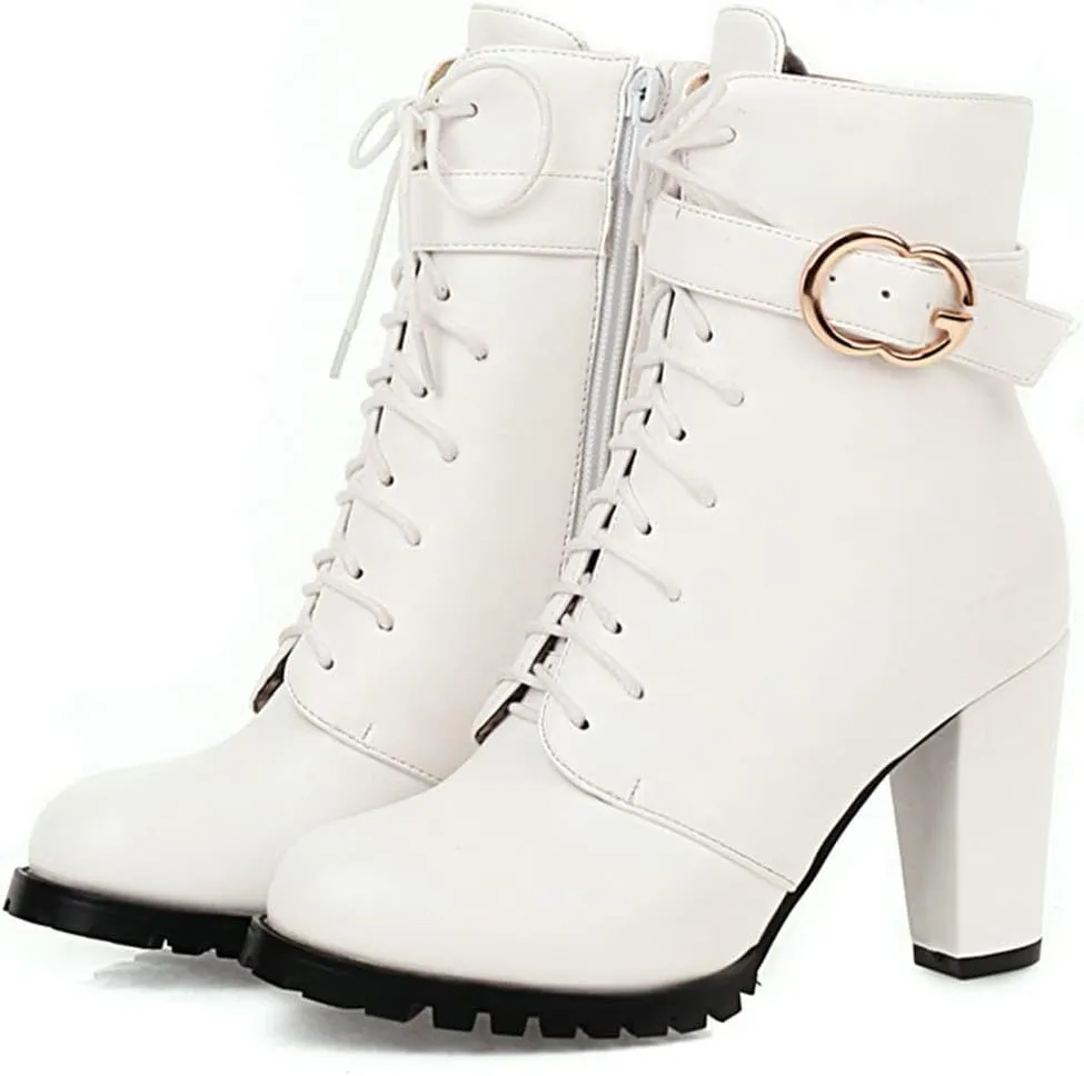 Meefit Women Chunky Heeled Lace Up Ankle Boots Closed Toe Winter Booties with Zipper