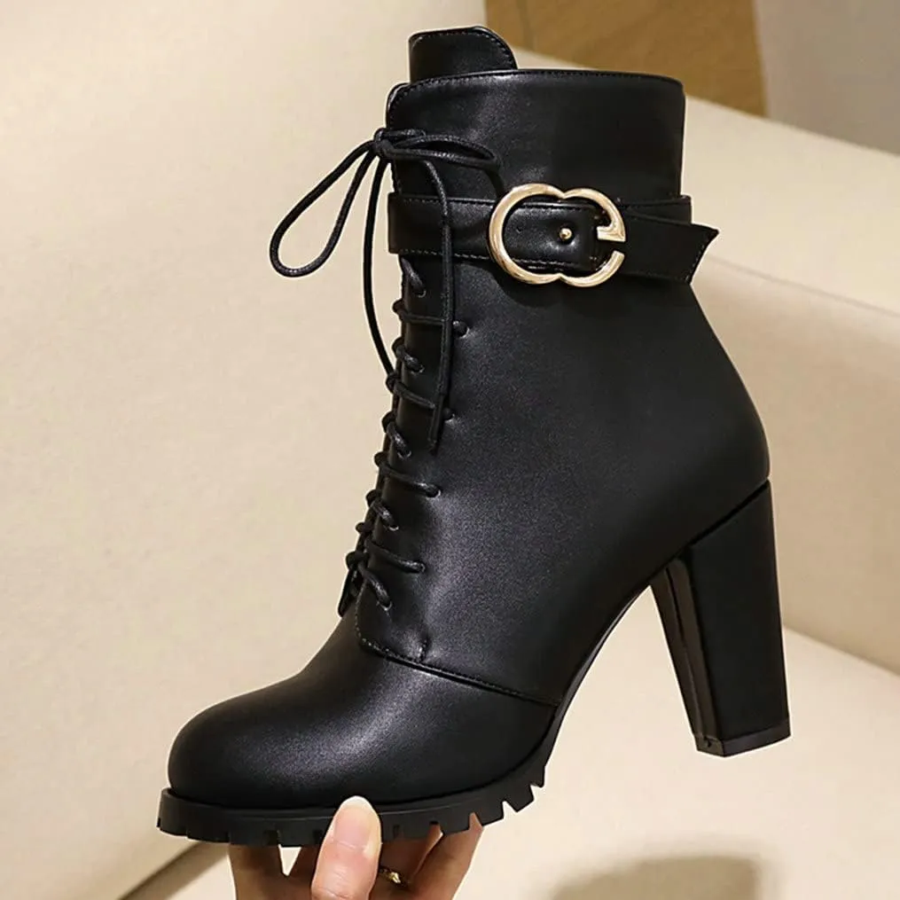 Meefit Women Chunky Heeled Lace Up Ankle Boots Closed Toe Winter Booties with Zipper
