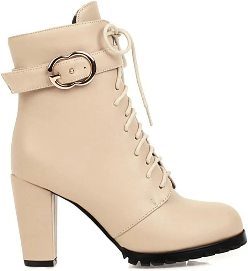 Meefit Women Chunky Heeled Lace Up Ankle Boots Closed Toe Winter Booties with Zipper